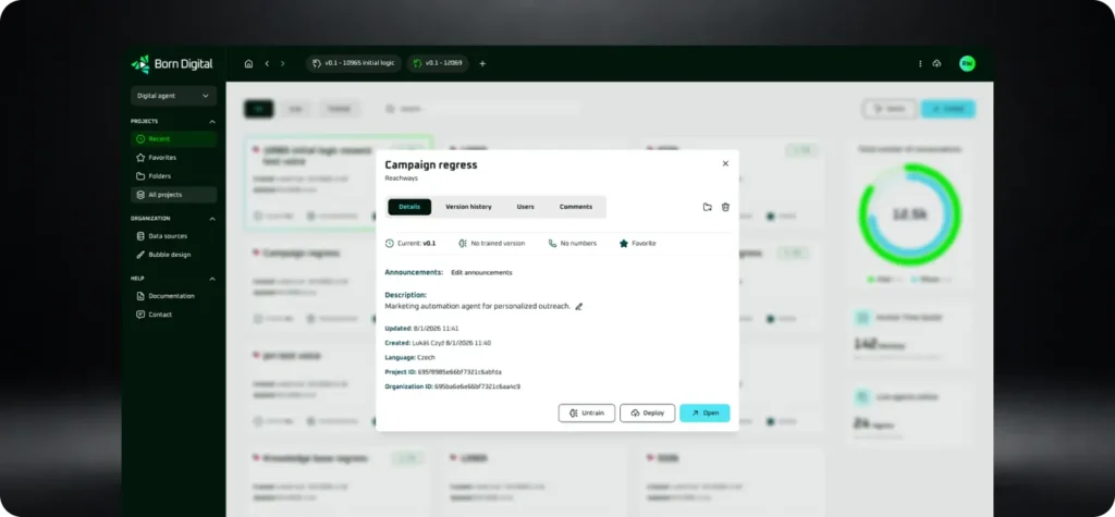 UI design detailu AI agenta v platformě Born Digital