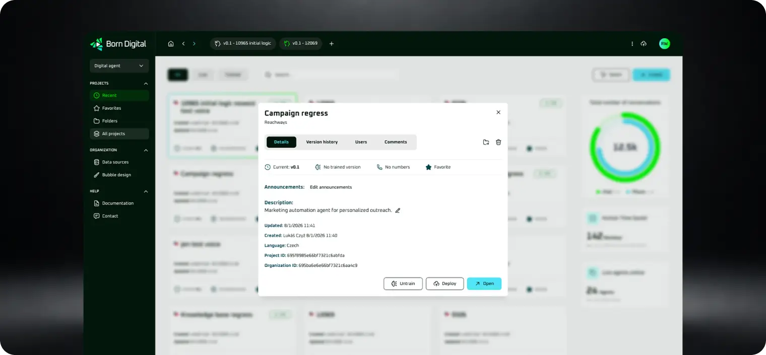 UI design detailu AI agenta v platformě Born Digital