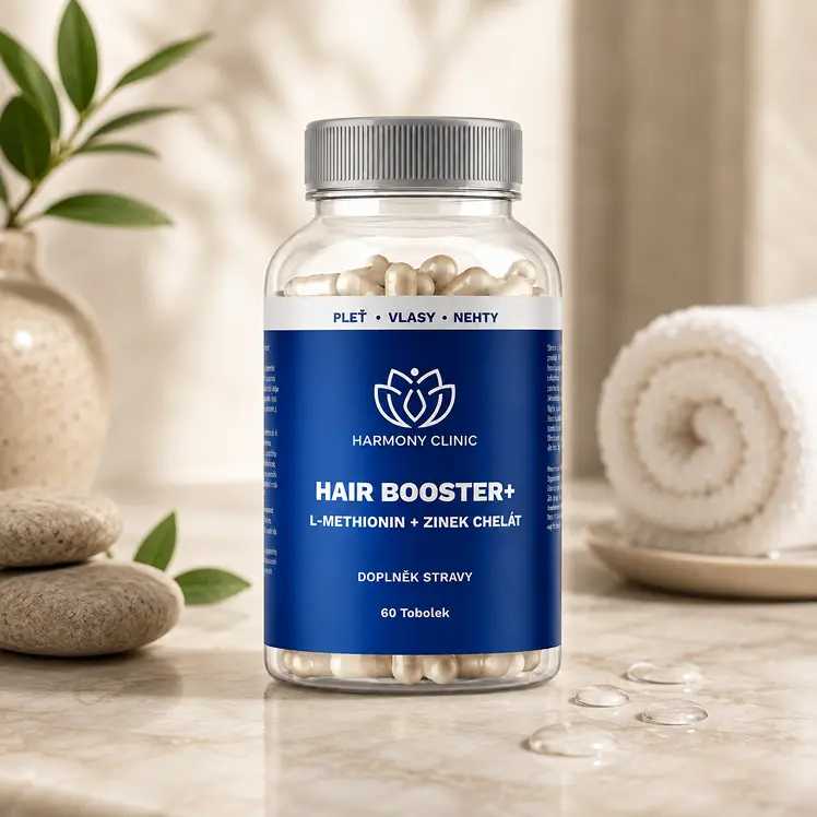 Grafický design obalu doplňku stravy Hair Booster+ pro Harmony Clinic