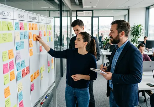 Agilní tým při plánování projektu na Scrum tabuli