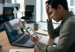 Frustrovaný uživatel při používání nepřehledné mobilní aplikace