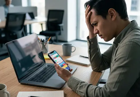 Frustrovaný uživatel při používání nepřehledné mobilní aplikace